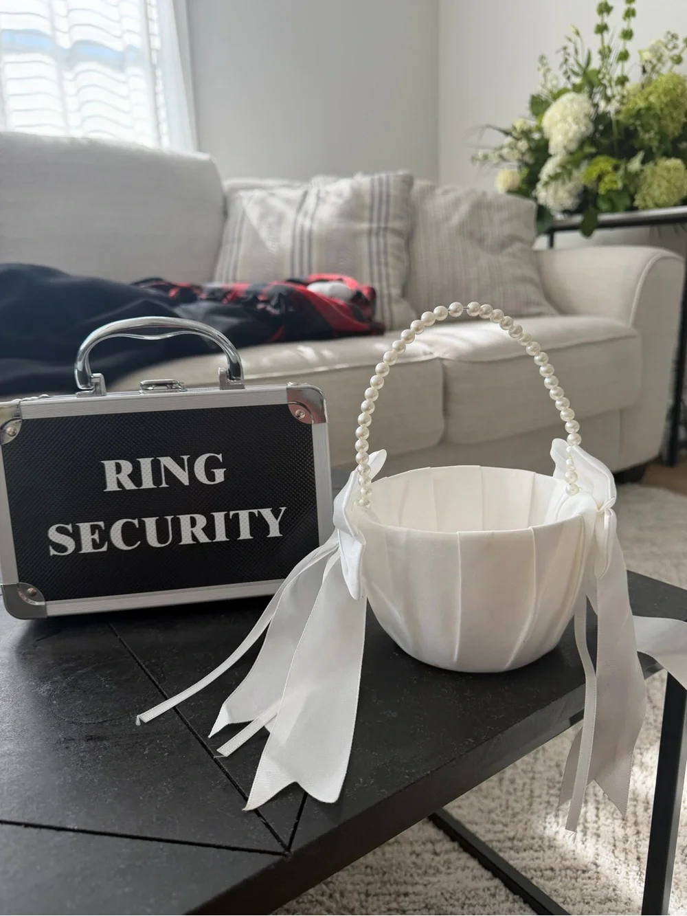 Ring Security Mini Case and White Flower Girl Basket Set